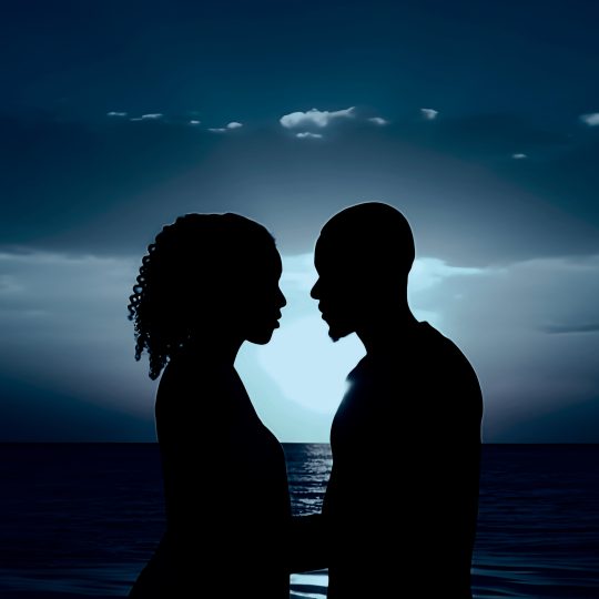 Couple smiling together with a dark sea background, symbolizing overcoming long-distance relationship challenges