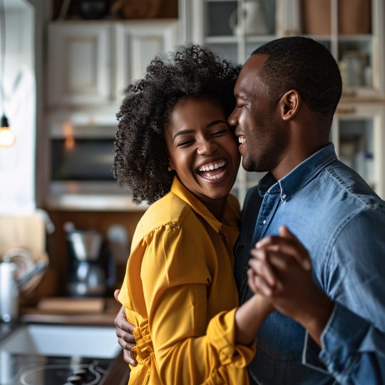 Couple smiling and relaxing together after managing work-life balance successfully.