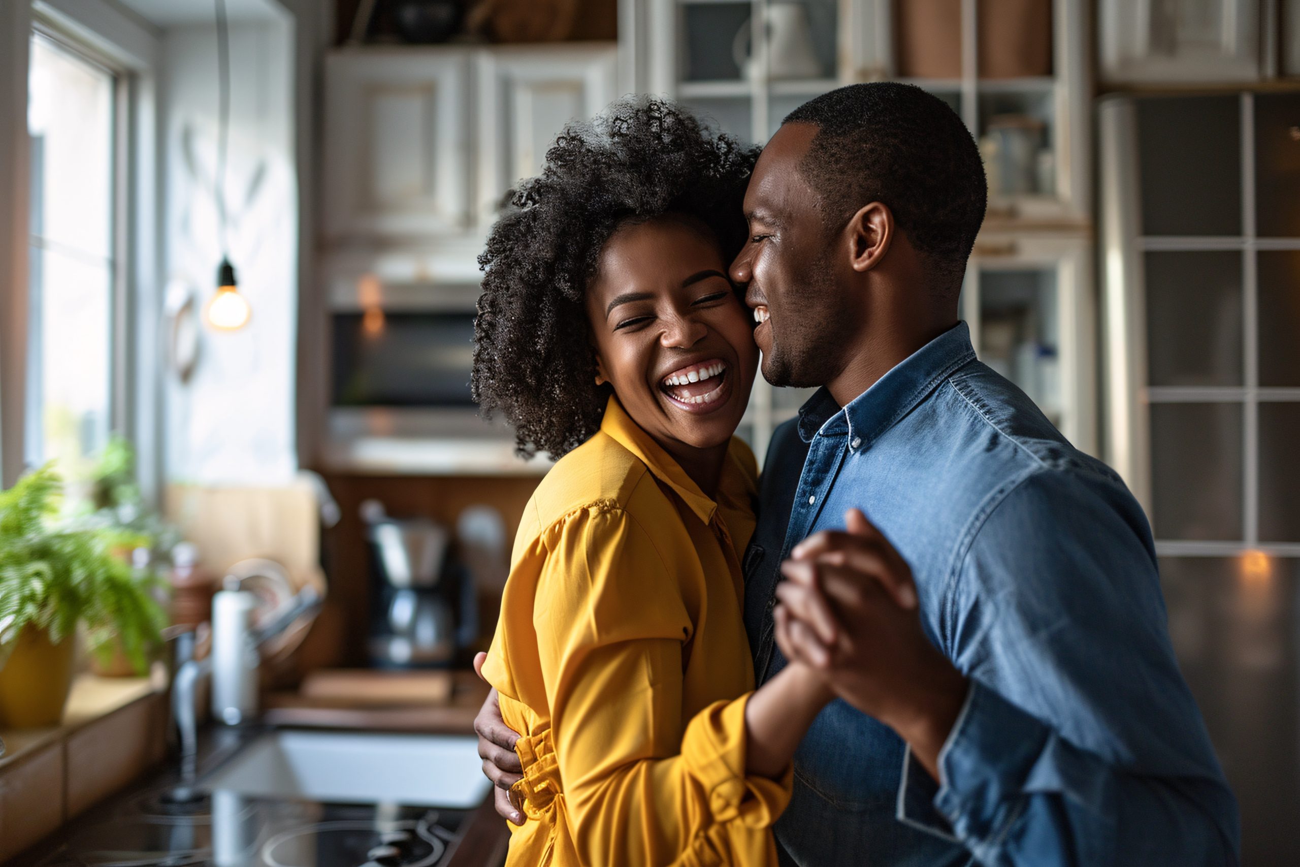 Couple smiling and relaxing together after managing work-life balance successfully.