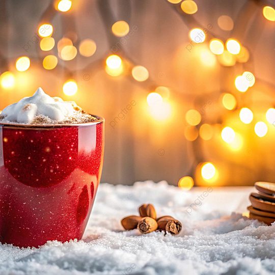 A cozy holiday setup with a cup of cocoa, a candle, and festive lights symbolizing self-care