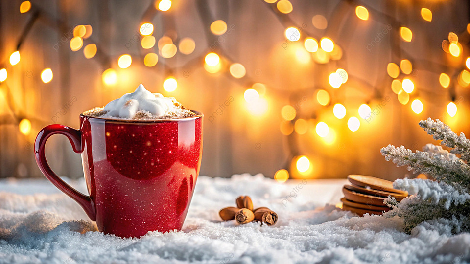 A cozy holiday setup with a cup of cocoa, a candle, and festive lights symbolizing self-care