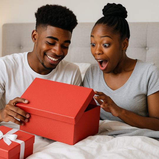 A smiling couple laughing together after a surprise gesture, showing emotional connection and joy in a spontaneous moment.
