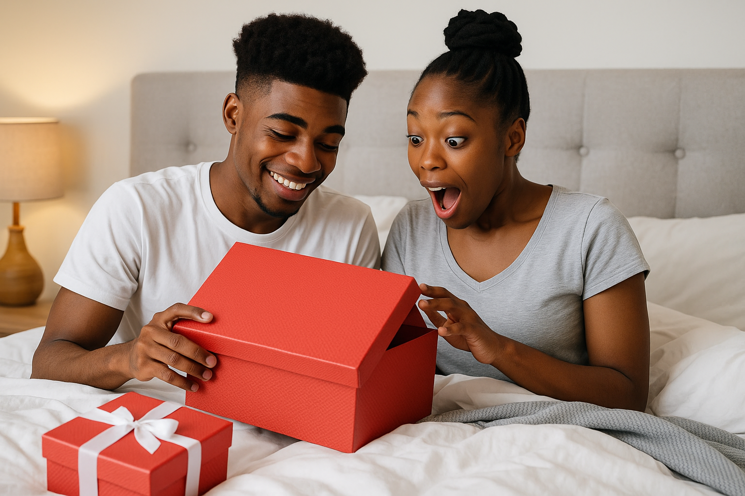 A smiling couple laughing together after a surprise gesture, showing emotional connection and joy in a spontaneous moment.