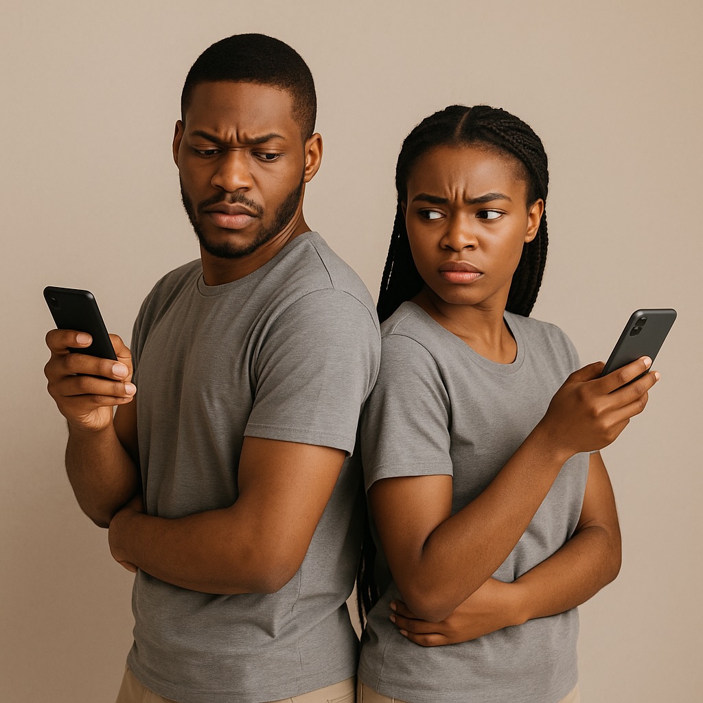 A couple sitting side by side with quiet tension, symbolizing emotional distance caused by unspoken truths.